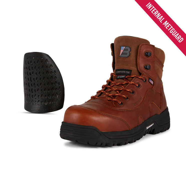 A brown leather work boot shown on a white background with a black perforated internal metguard insert beside it. A red diagonal banner in the top right reads 'INTERNAL METGUARD'.