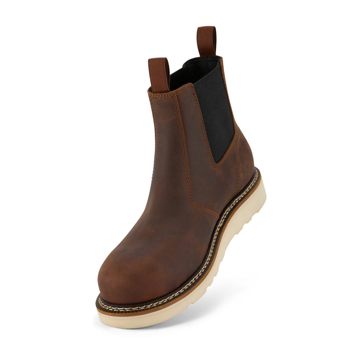 Angled front view of US Boot Logan Composite Toe Chelsea Work Boot Style 27288, premium Crazy Horse leather wears beautifully over time, black mesh lining, all-day breathability and comfort
