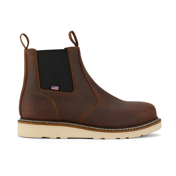 Side view of US Boot Logan 6" Composite Safety Toe Work Boot Style 27288, Crazy Horse leather upper, slip and oil resistant SRO resoleable outsole, electrical hazard rated ASTM F2413-24
