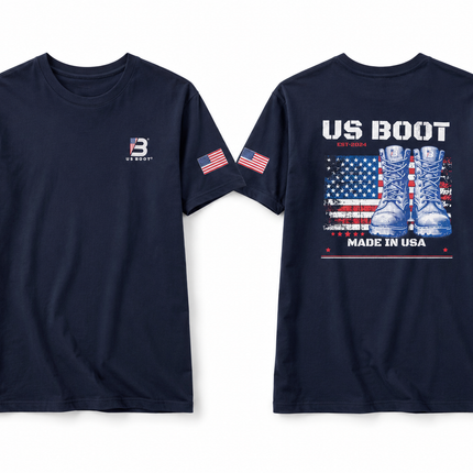 Front and back views of a navy blue short-sleeve t-shirt. The front features a small white and red logo on the left chest and a small American flag on the sleeve.