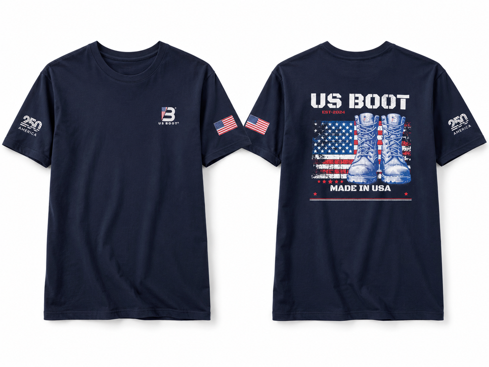 Front and back views of a navy blue short-sleeve t-shirt. The front features a small white and red logo on the left chest and a small American flag on the sleeve.
