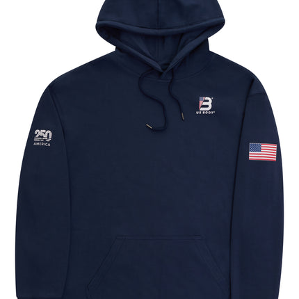 A navy blue pullover hoodie with a drawstring hood and kangaroo pocket, featuring a small white 'B' logo with 'BERGUT' underneath on the left chest, a white '250 America' graphic on the right sleeve, and an American flag patch on the left sleeve.