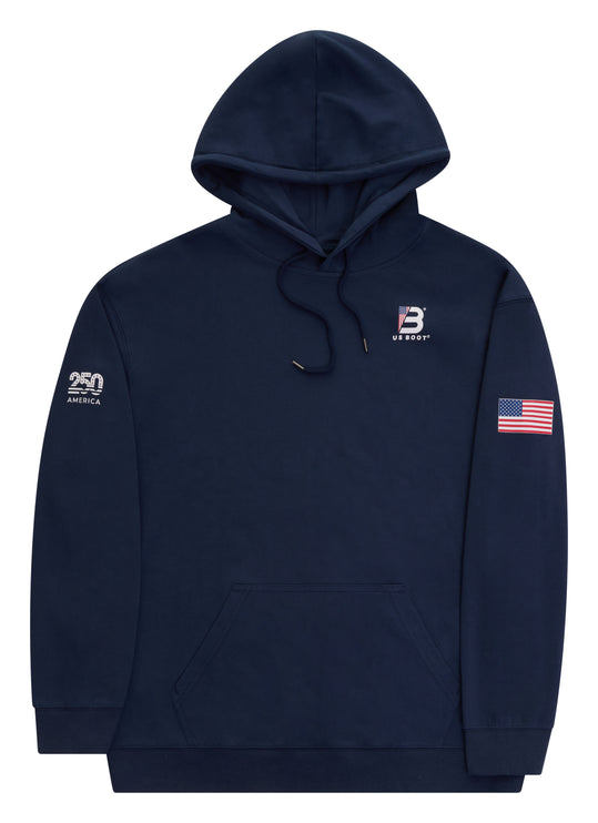 A navy blue pullover hoodie with a drawstring hood and kangaroo pocket, featuring a small white 'B' logo with 'BERGUT' underneath on the left chest, a white '250 America' graphic on the right sleeve, and an American flag patch on the left sleeve.