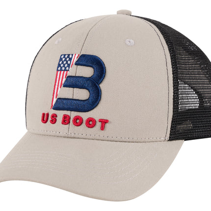 A gray and black trucker hat featuring a large embroidered blue 'B' with an American flag design and the text 'US BOOT' in red on the front panel.