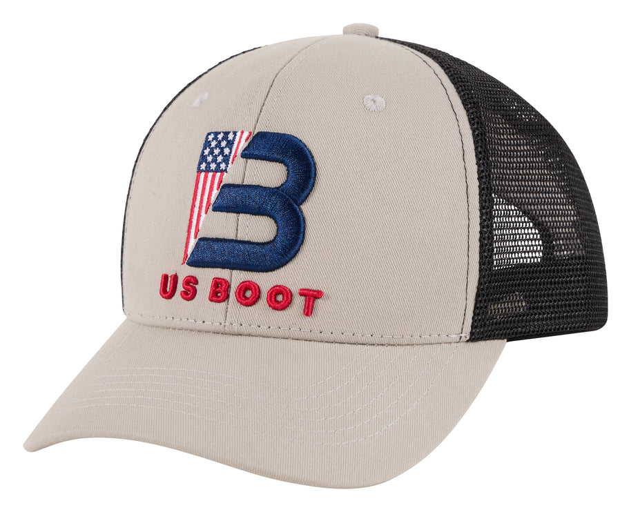 A gray and black trucker hat featuring a large embroidered blue 'B' with an American flag design and the text 'US BOOT' in red on the front panel.