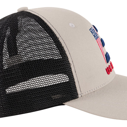 A gray and black trucker hat with a black mesh back and a beige front panel, featuring a small embroidered American flag and red text on the side.