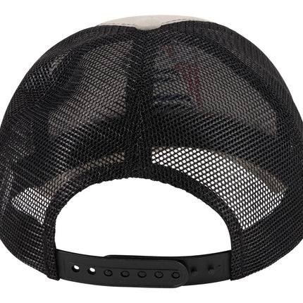 Rear view of a black trucker hat with a black mesh back and an adjustable black plastic snap strap, shown on a white background.