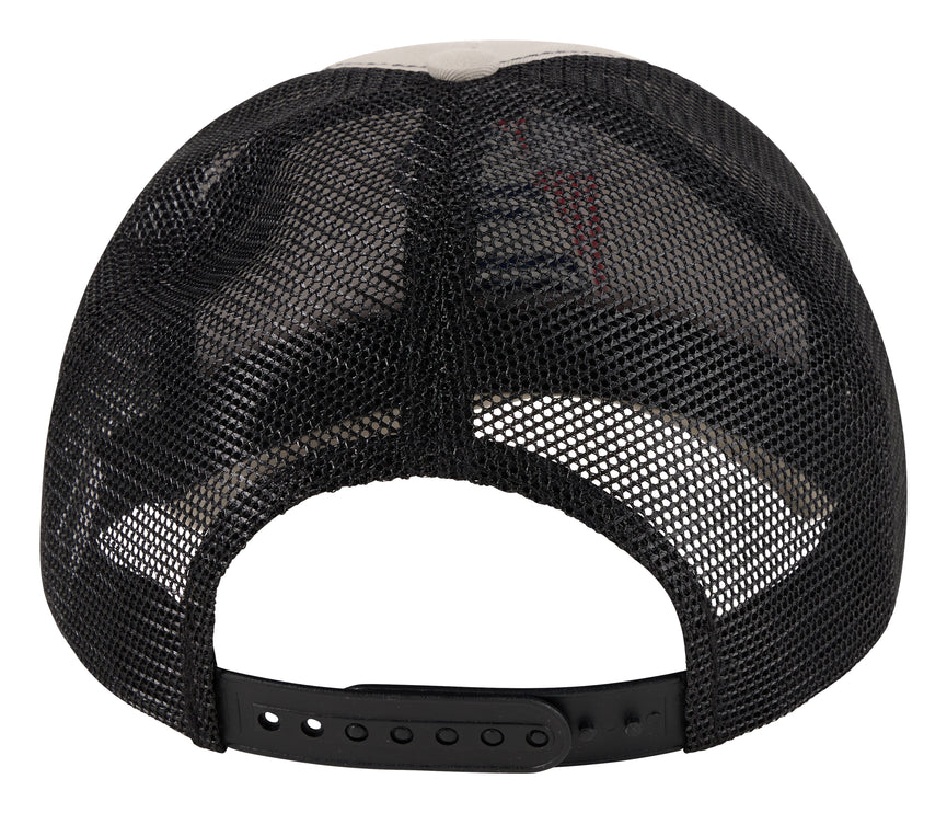Rear view of a black trucker hat with a black mesh back and an adjustable black plastic snap strap, shown on a white background.