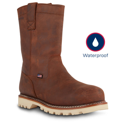 Brown Condor Wellington Waterproof Work Boot pull-on work boot crafted from Crazy Horse leather with a waterproof design, composite safety toe, mesh comfort lining, shock-absorbing insole, non-metallic shank, and slip-, oil-, and heat-resistant outsole with Goodyear welt construction for durable all-day performance.