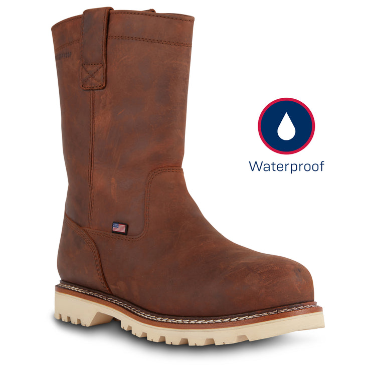 Brown Condor Wellington Waterproof Work Boot pull-on work boot crafted from Crazy Horse leather with a waterproof design, composite safety toe, mesh comfort lining, shock-absorbing insole, non-metallic shank, and slip-, oil-, and heat-resistant outsole with Goodyear welt construction for durable all-day performance.