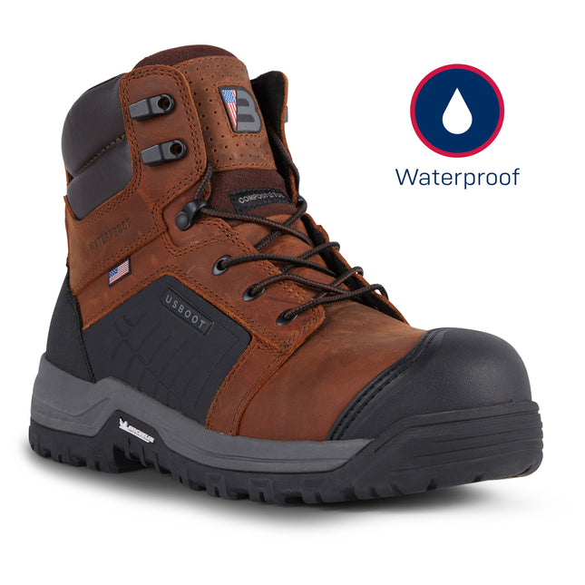 Brown US Boot Handler Waterproof Work Boot featuring a waterproof leather upper, composite safety toe, rugged Michelin outsole, and durable work-ready construction designed for traction, comfort, and all-day performance.
