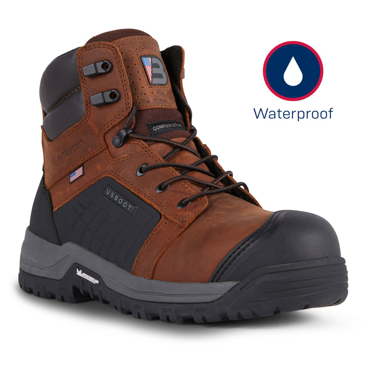 Brown US Boot Handler Waterproof Work Boot featuring a waterproof leather upper, composite safety toe, rugged Michelin outsole, and durable work-ready construction designed for traction, comfort, and all-day performance.