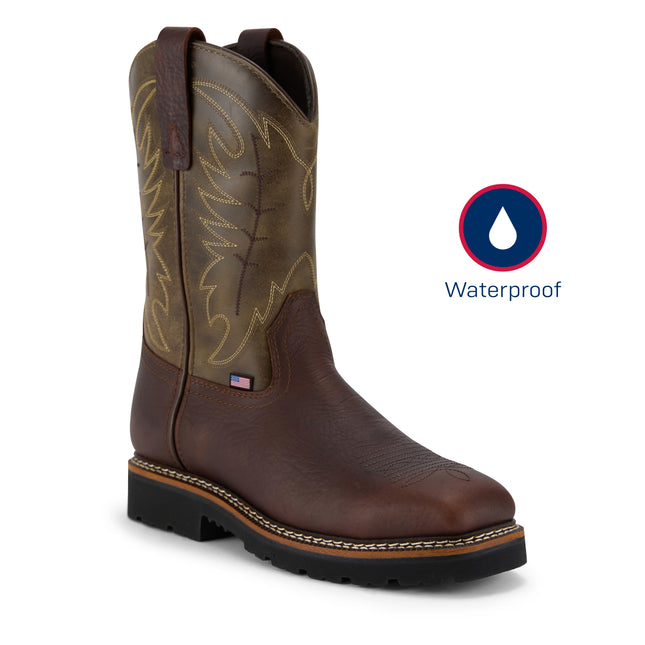 Brown work boot with stitching details on a white background, featuring a waterproof label.