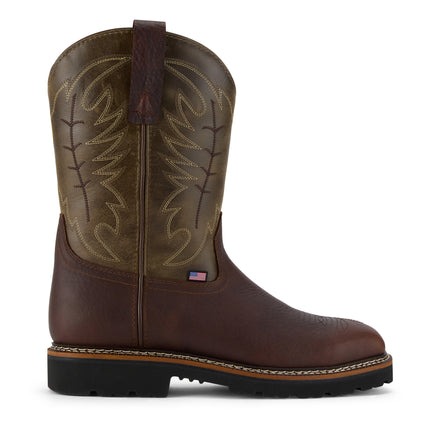Side profile view
Side view of US Boot Western Steel Toe Waterproof Work Boot, full-grain waterproof leather upper, defined heel rubber outsole, slip and oil resistant, resoleable Western work boot