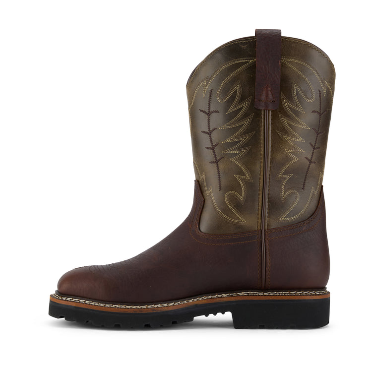 Side view of US Boot Western Steel Toe Waterproof Work Boot, full-grain waterproof leather upper, defined heel rubber outsole, slip and oil resistant, resoleable Western work boot