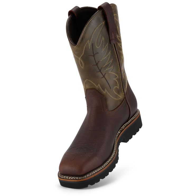 Front view of US Boot Western Steel Toe Waterproof Work Boot, square toe profile, full-grain waterproof leather, electrical hazard rated, ASTM F2413-24 I/C EH SRO standards