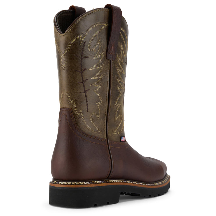 3/4 back angle view
Angled back view of US Boot Western Waterproof Work Boot, square steel toe, non-metallic shank, Goodyear welt construction, made in USA with globally sourced components